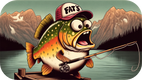 An AI generated photo of a brook trout holding a fishing pole and wearing a Fats branded hat with a lake in the background.