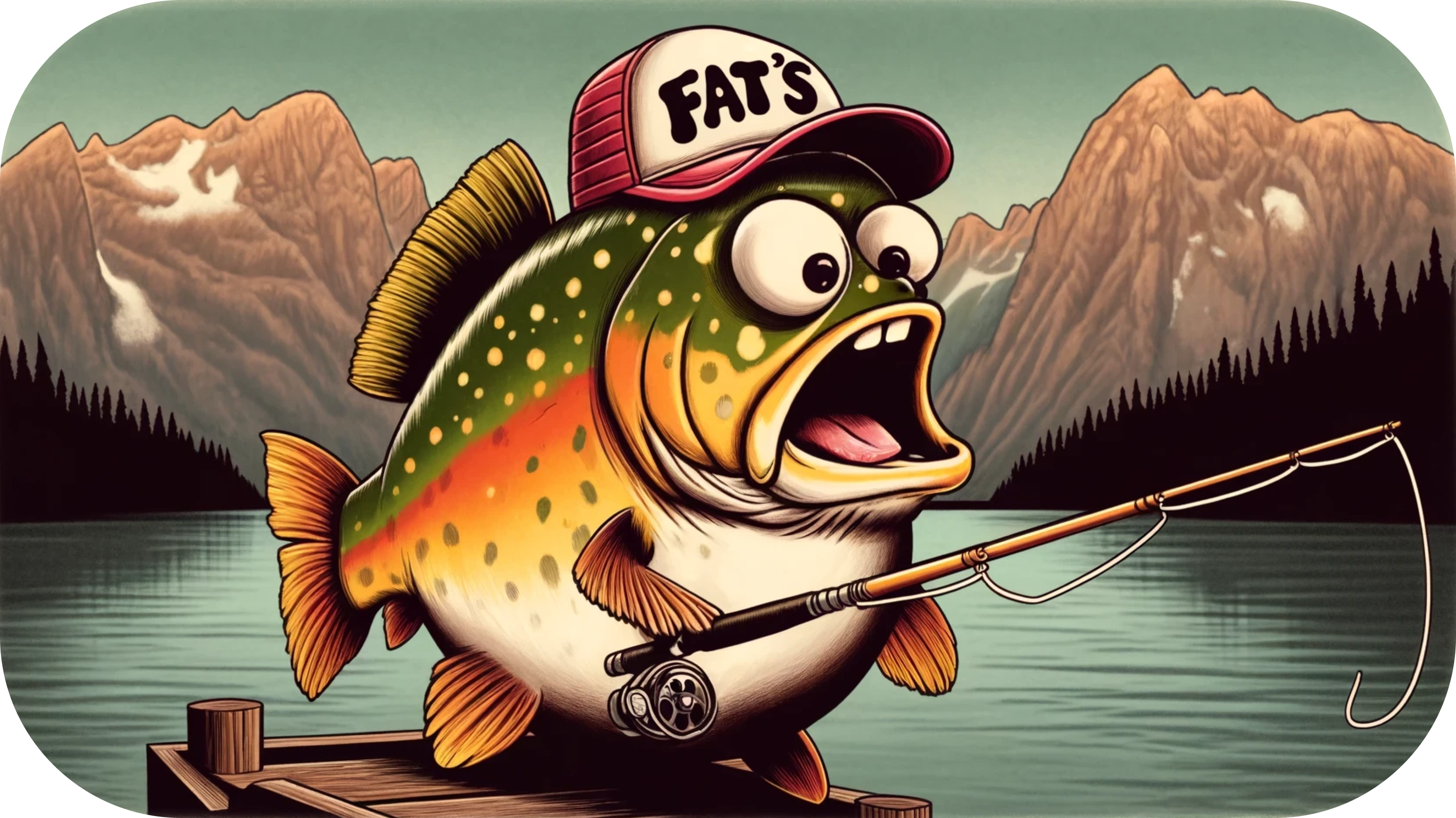 An AI generated photo of a brook trout holding a fishing pole and wearing a Fats branded hat with a lake in the background.