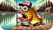 An AI generated image of a Cutthroat Trout standing next to a fishing pole and wearing a Fats branded hat with a lake in the background.