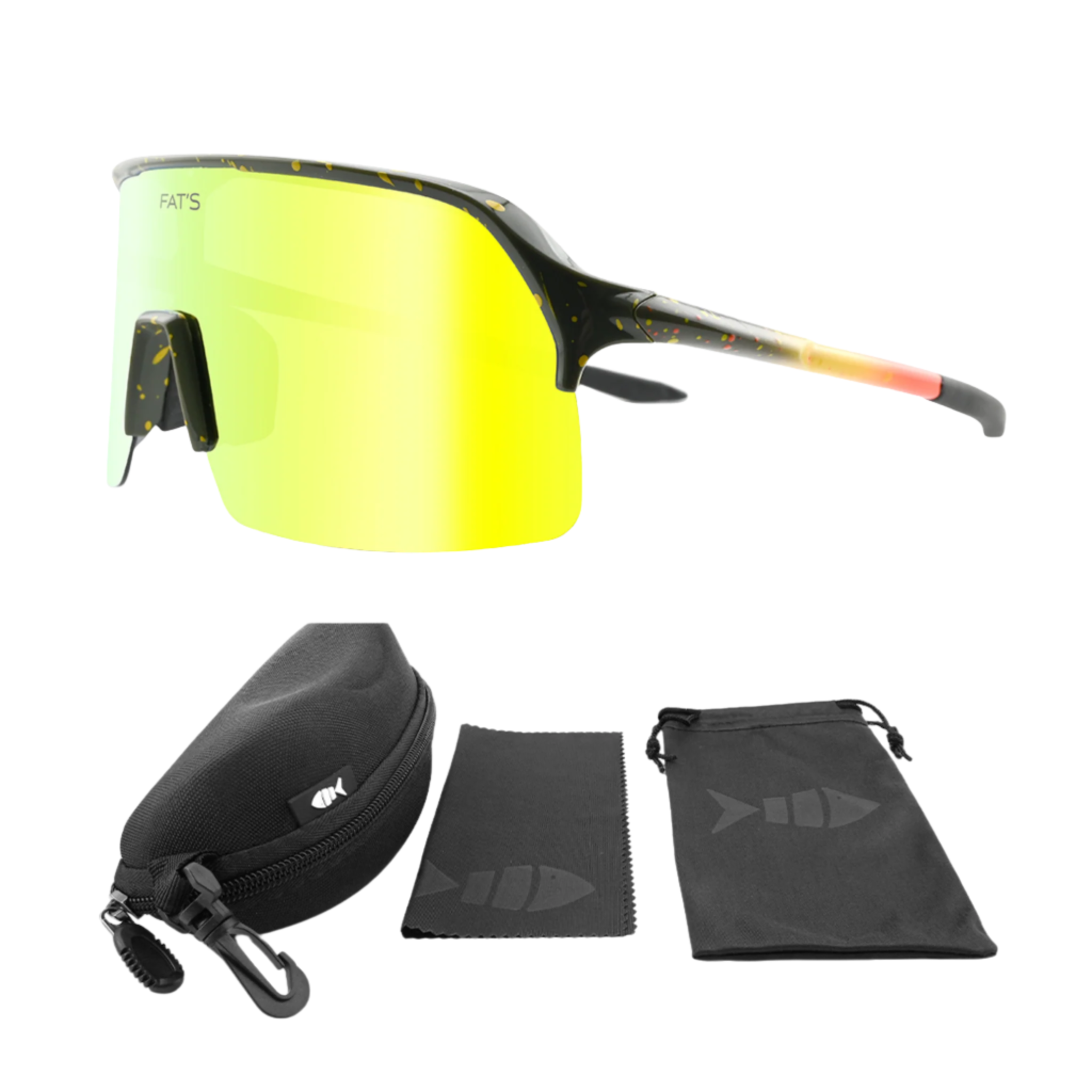 A picture of Fats Brook Trout sunglasses with the included accessories.