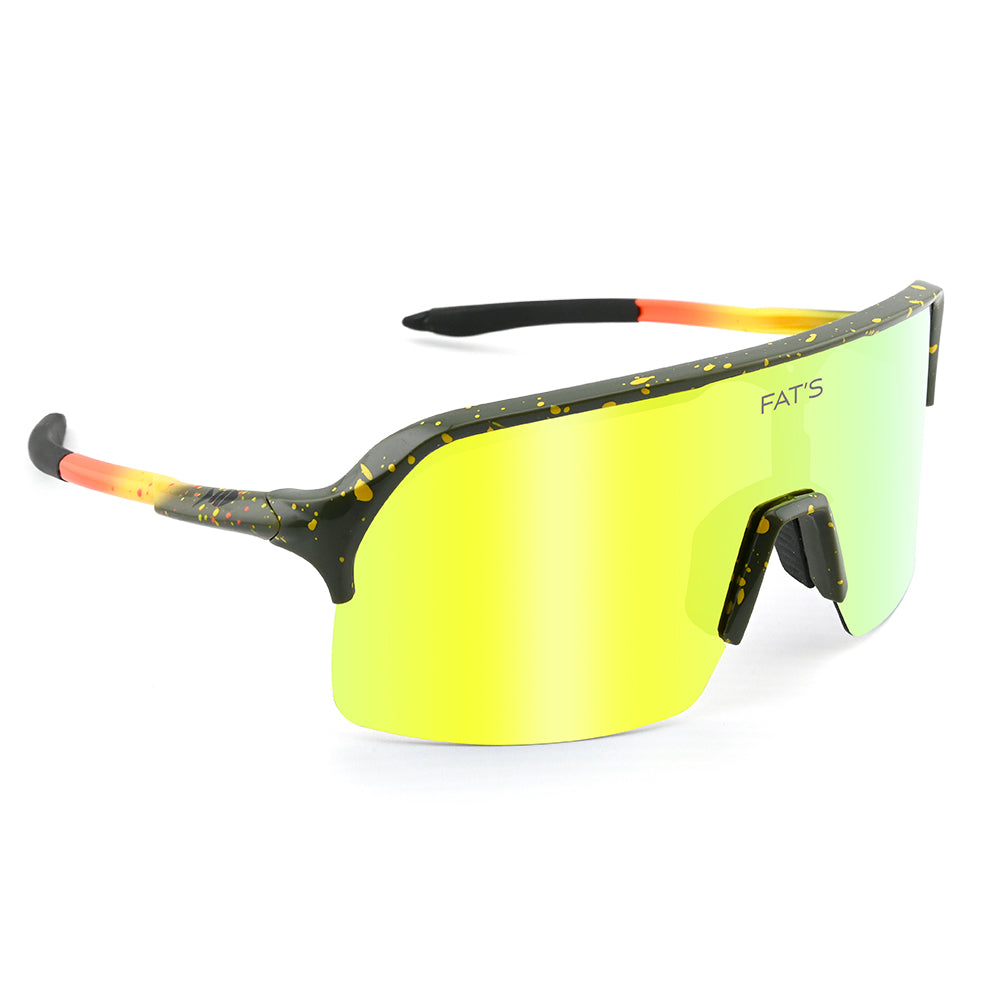 A photo looking down at the front left side of Fats Brook Trout sunglasses.
