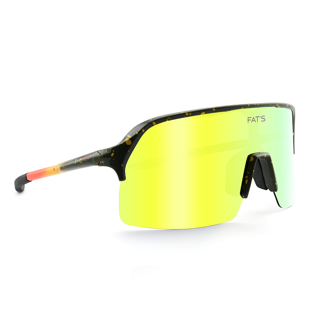 A photo at eye level of the front left side of Fats Brook Trout sunglasses.