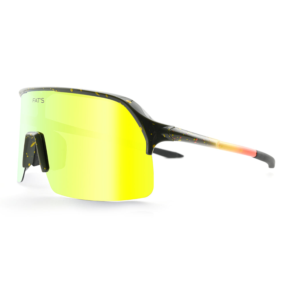 A photo at eye level of the right side of Fats Brook trout sunglasses.