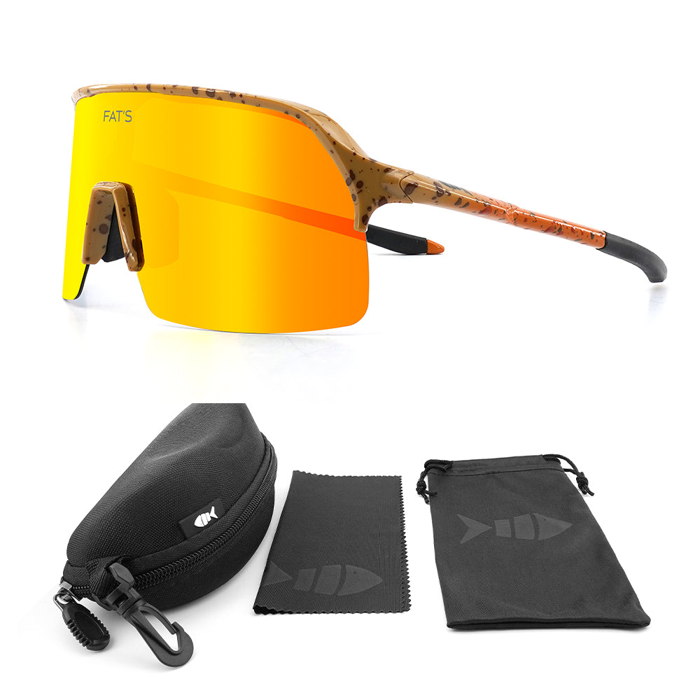 A picture of Fats Brown Trout sunglasses with the included accessories.