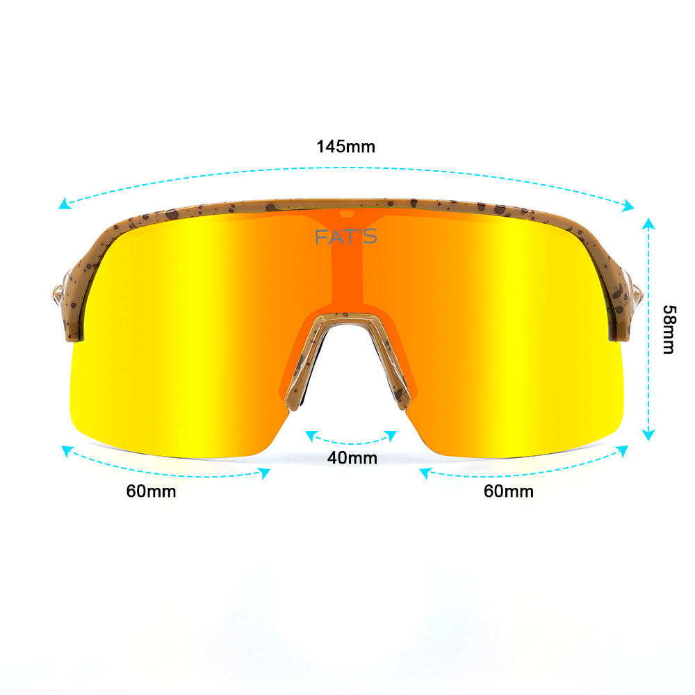 The front view of Fat's Brown Trout sunglasses with size measurements in millimeters.