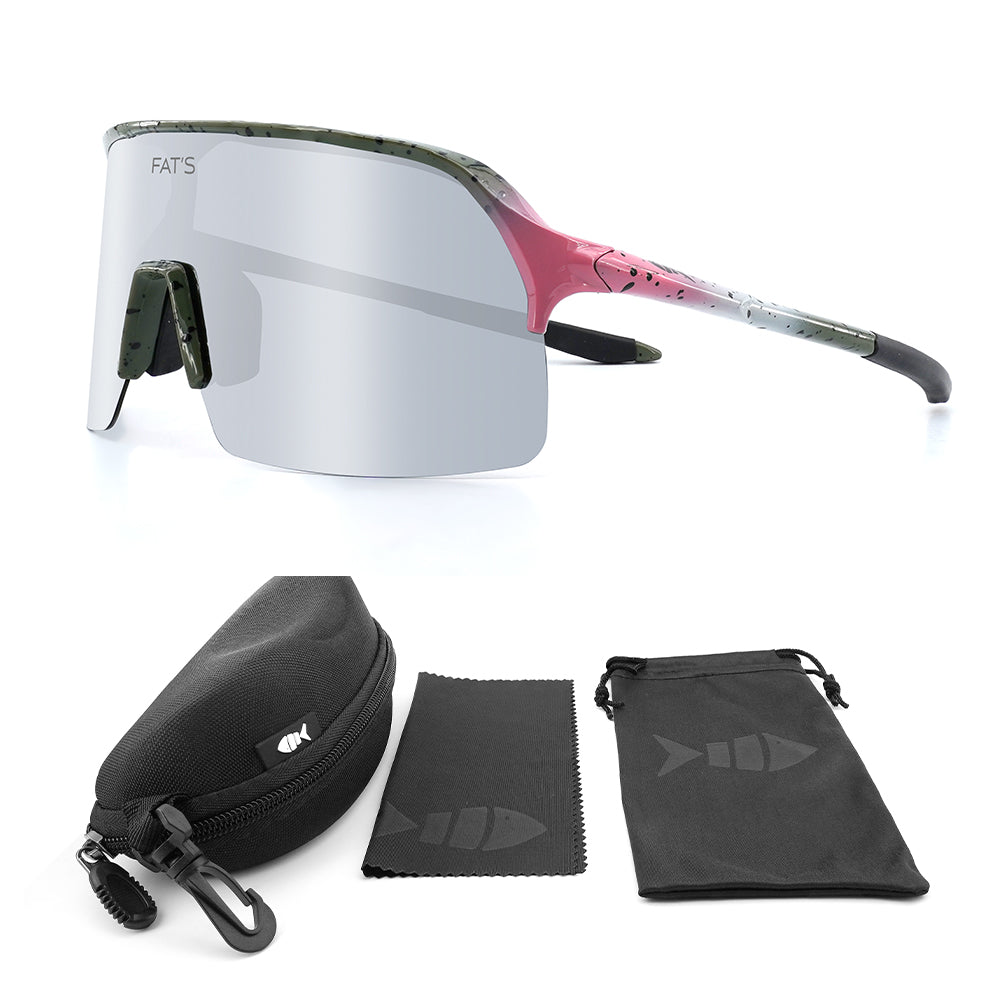 A picture of Fats Rainbow Trout sunglasses with the included accessories.