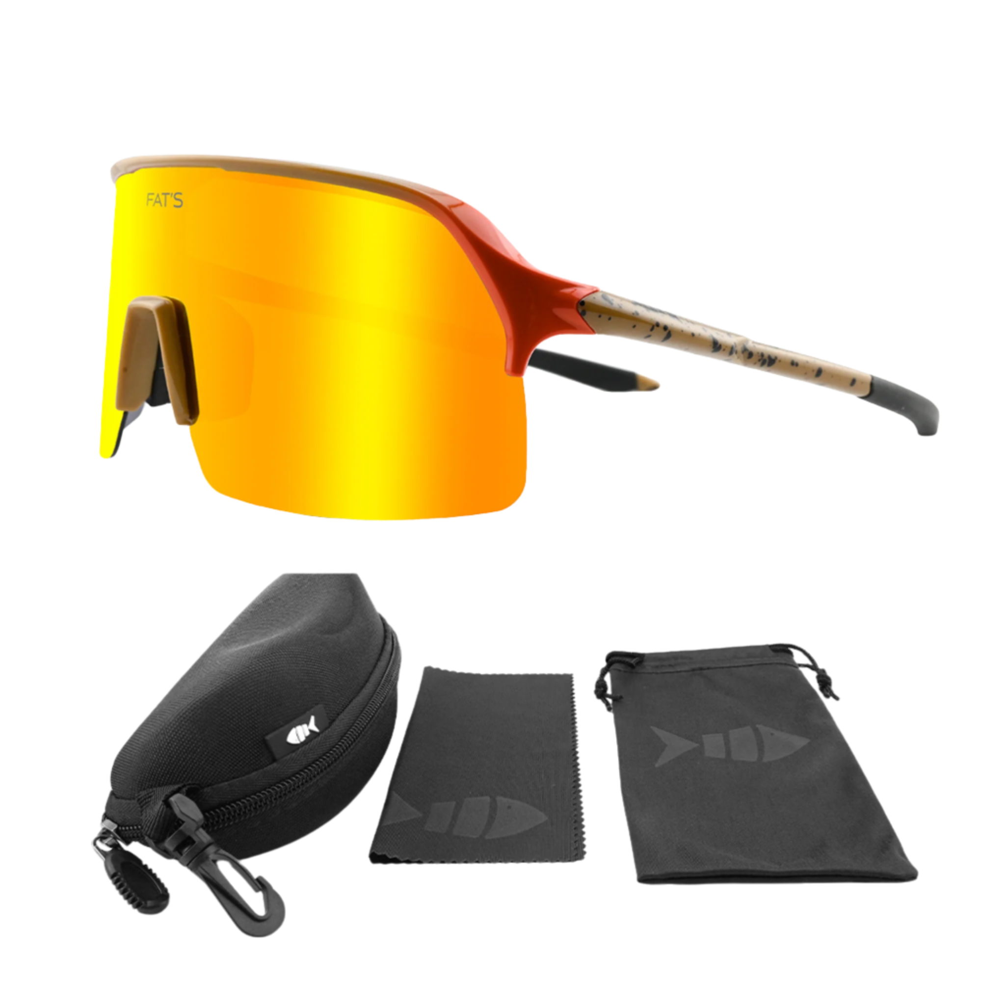 A picture of Fats Yellowstone Cutthroat Trout sunglasses with the included accessories.