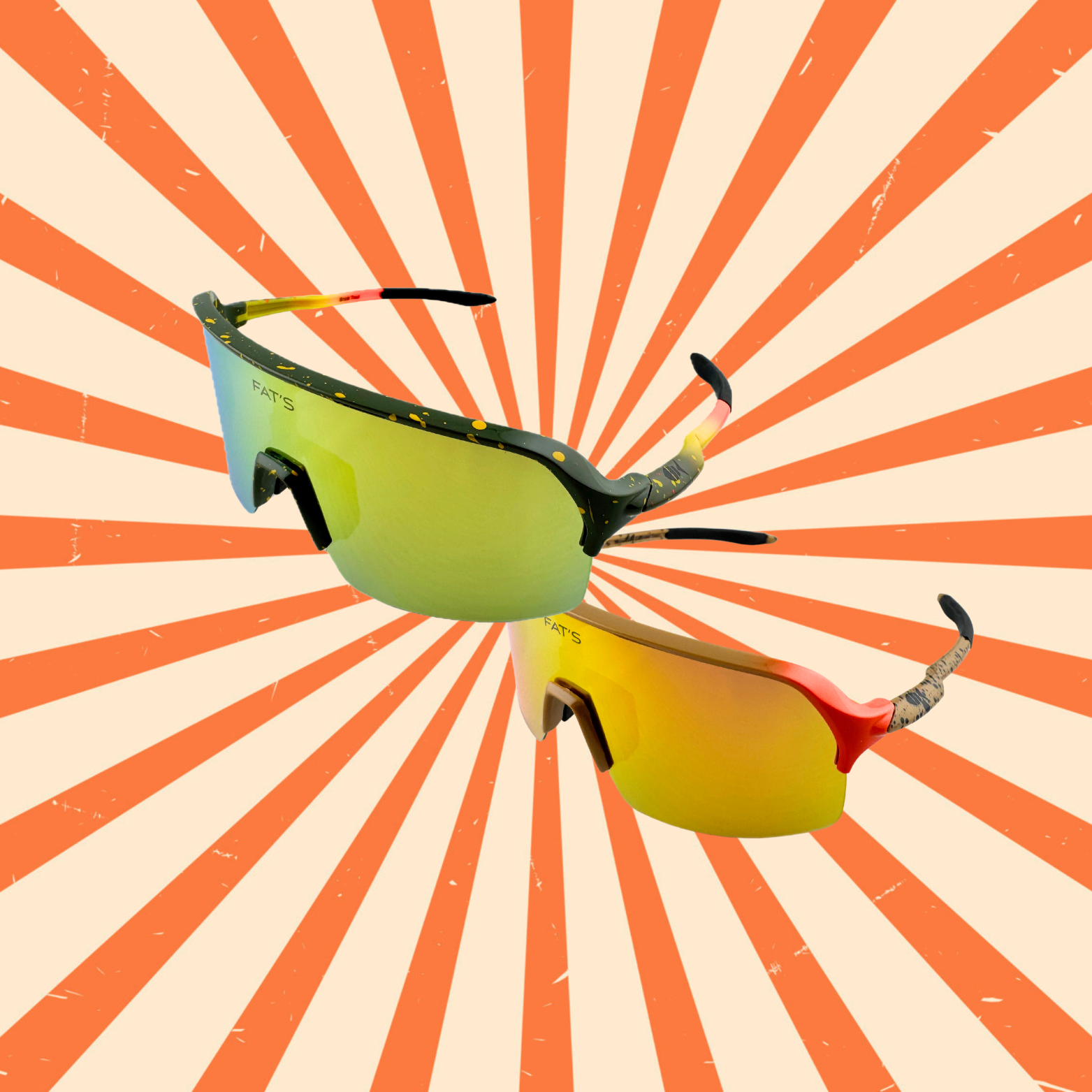 All Fat's sunglasses models with orange and white background