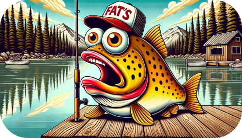 An AI generated image of a Cutthroat Trout standing next to a fishing pole and wearing a Fats branded hat with a lake in the background.