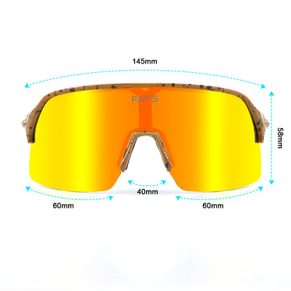 The front view of Fat's Brown Trout sunglasses with size measurements in millimeters.