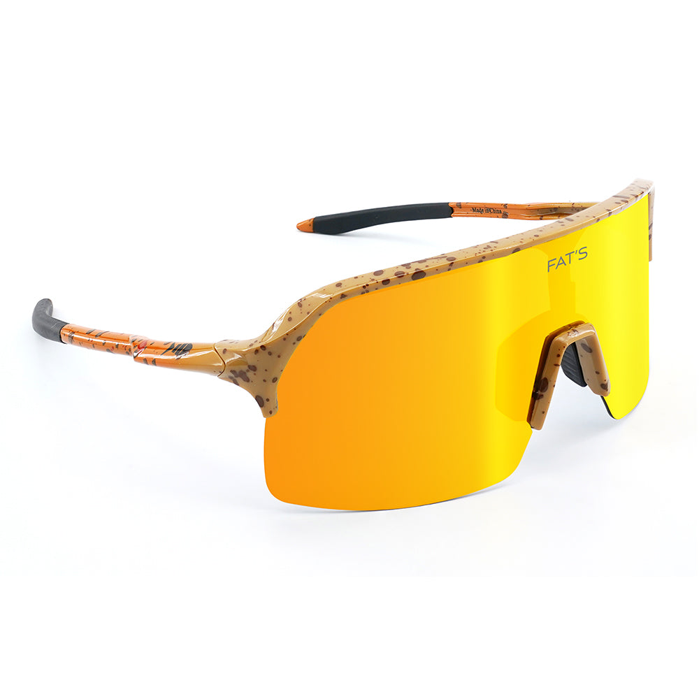 A photo looking down at the front left side of fats brown trout sunglasses.