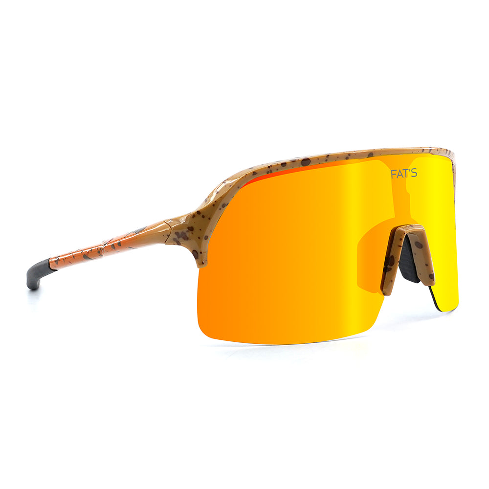 A photo at eye level of the front left side of Fats Brown Trout sunglasses.