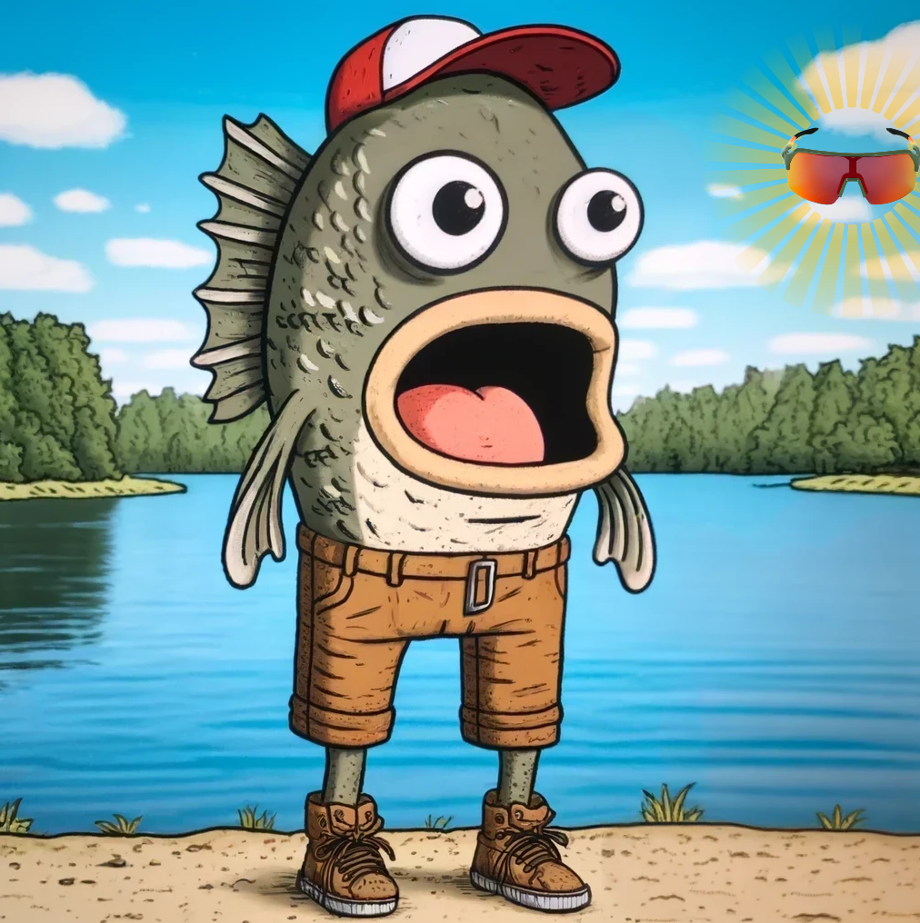 An AI generated photo of fat's fishing company fish guy excited looking at Fats sunglasses.