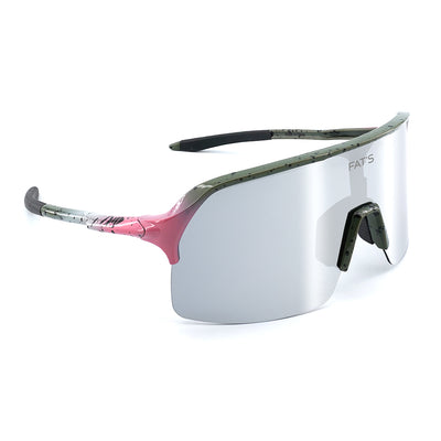 A photo looking down at the front left side of fats rainbow trout sunglasses.