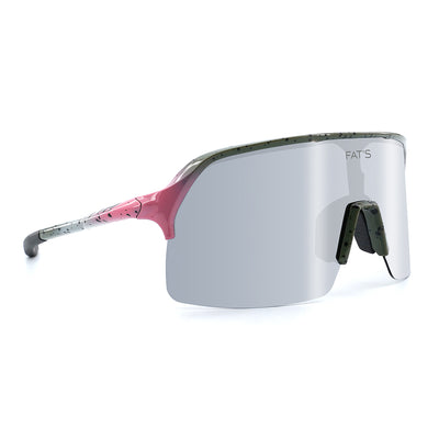 A photo at eye level of the front left side of Fats Rainbow Trout sunglasses.