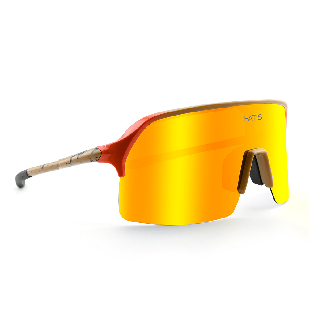 A photo at eye level of the front left side of Fats Yellowstone Cutthroat Trout sunglasses.